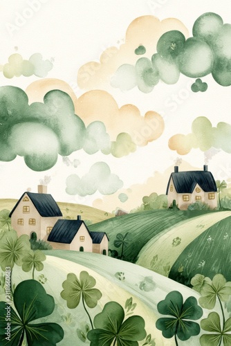 Soft watercolor cottage landscape with clover hills and pastel clouds for saint patrick's day greeting, card, poster and background design