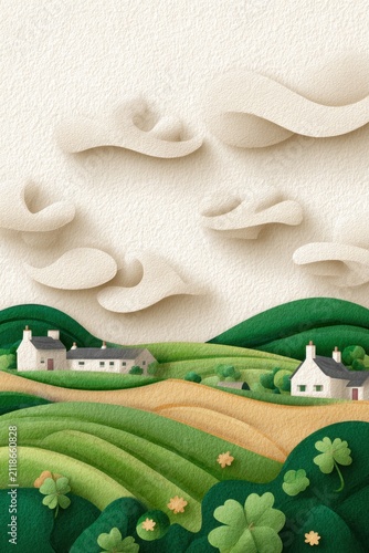 Neutral textured paper landscape with layered clouds and rolling green hills for saint patrick's day greeting card, poster and background design