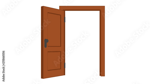 Open wooden door with frame isolated on white background