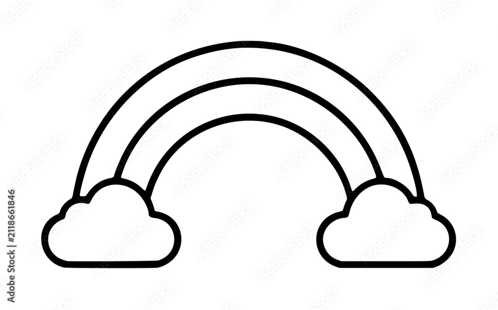 Obraz premium Hand-traced double rainbow vector icon illustration with fluffy cloud ends, minimalist black outline symbolizing hope, optimism, weather, and inclusive pride imagery