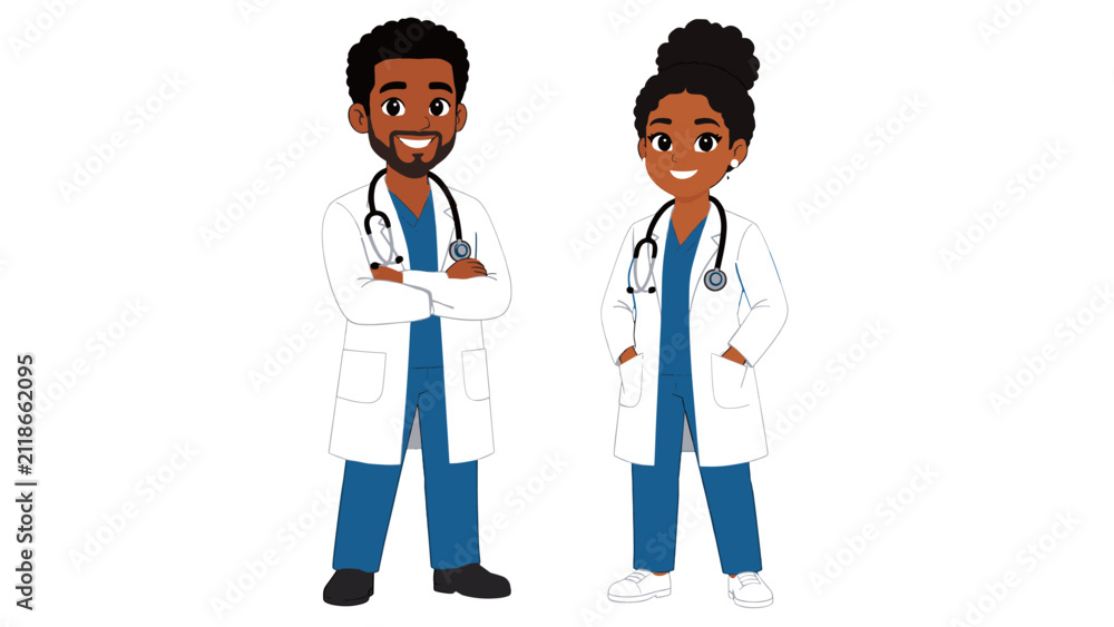Fototapeta premium Male and female doctors in white coats vector illustration