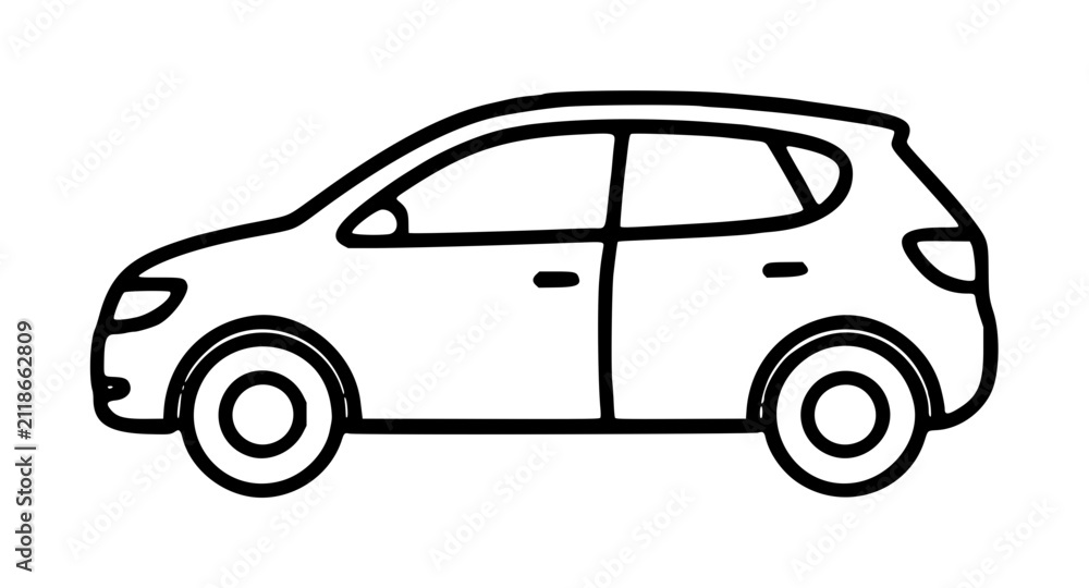 Naklejka premium Hand-drawn vector line illustration of a compact hatchback car side view with four wheels, doors, and windows, monochrome outline icon