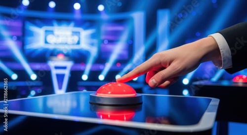Hand pressing a glowing red buzzer on a television game show stage