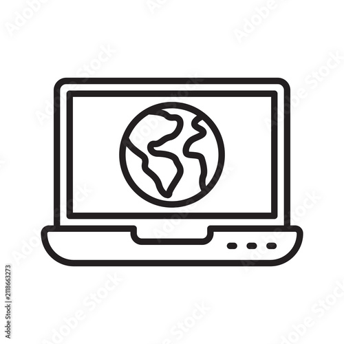 Laptop screen displaying earth globe line icon for online education