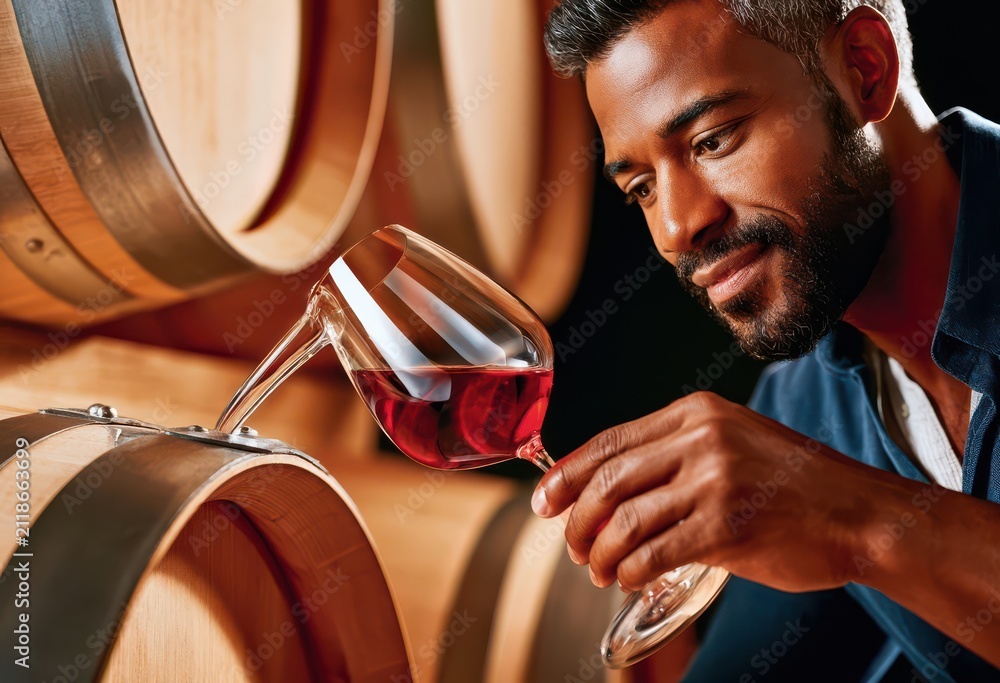 Obraz premium Winemaker inspecting red wine sample from oak barrel during cellar tasting and quality check