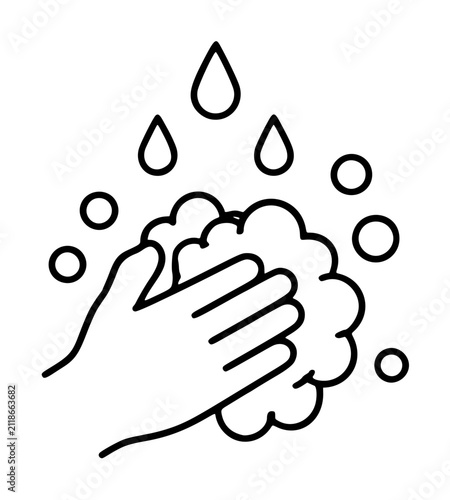 Photography Hand washing soap lather line vector icon, black outlines of rubbing hands with