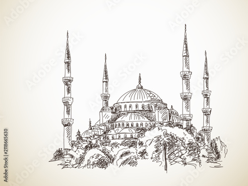 Hand drawn sketch of Blue Mosque. Islamic architecture illustration with minarets and dome.