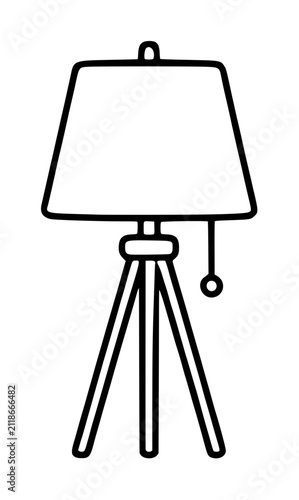 Minimalist black line vector icon of a living room tripod floor lamp with trapezoidal lampshade and pull cord switch, hand drawn outline illustration for interior design