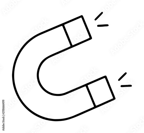 Hand-drawn horseshoe magnet vector icon illustration with magnetic field lines, black outline sketch style for science and physics educational graphics