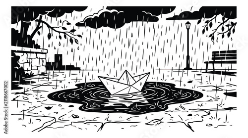 Canvastavla Black and white paper boat in rain puddle, hand drawn linocut style paper boat i