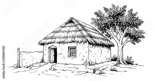 Cuadro en lienzo Vintage hand drawn village hut with thatched roof, rustic clay house sketch with