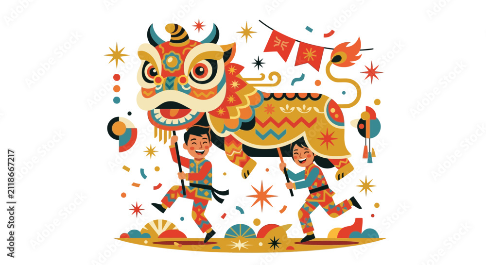 Naklejka premium Children Dancing Lion Dragon Festival Celebration