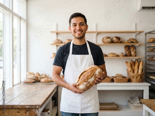 Smiling male baker holding a fresh loaf of sourdough bread in a bakery.