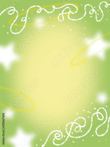 Whimsical magical green vector frame background with glowing stars and swirl sparkles