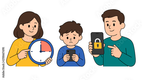 Parents limiting a child's smartphone time with lock and clock