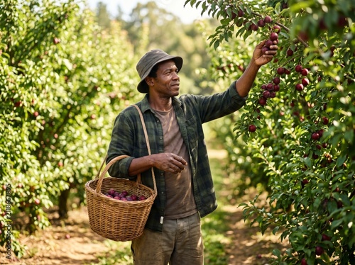 African farmer harvesting fresh ripe plums in a sunlit fruit orchard.