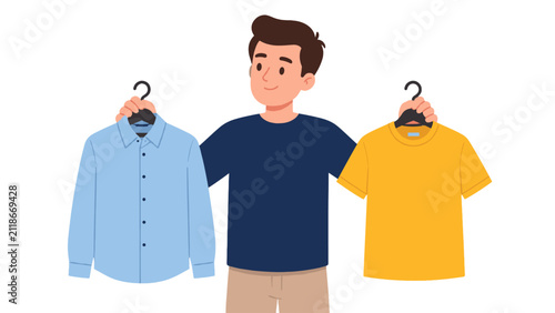 Man choosing between button shirt and yellow T shirt