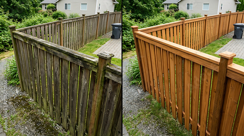 Comparison of Old and Newly Stained Wooden Fence Showing Restoration and Maintenance Details