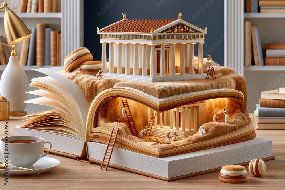 Obraz premium Open book with ancient temple carved inside pages, miniature archaeologists excavating