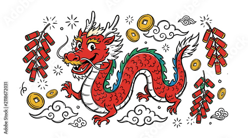 Chinese Dragon Celebration Elements: Firecrackers, Coins, Clouds, Stars
