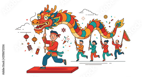 Chinese Dragon Dance Celebration - People Parading Festive Dragon