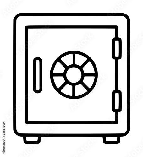 Hand-traced vector icon illustration of a classic metal safe with combination dial and dual locking bolts, isolated on white background, minimalist outline design for finance and security themes