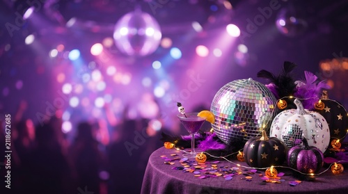 Halloween party table with disco ball and pumpkin decorations. Festive cocktail glass with purple drink in nightclub. Celebration concept with creative holiday decor and evening atmosphere