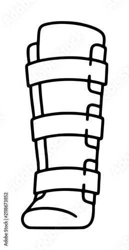 Bild auf Leinwand Hand-drawn black vector illustration of a leg splint or orthopedic cast, featuri