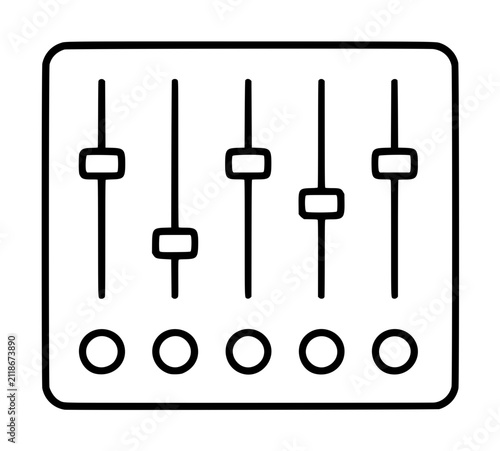 Hand-drawn line art vector icon of a mixing soundboard panel featuring five vertical sliders with rectangular knobs and circular buttons, minimal black outline illustration for audio editing