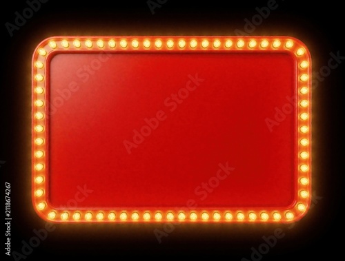 Blank red sign with bright yellow border lights. Vintage marquee frame on black background. Rectangular shape with rounded corners for retro text or graphic display.