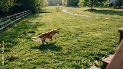 Golden retriever dog running in green backyard field, active pet playing fetch on grassy lawn during golden hour sunset, happy domestic animal exercising in rural countryside garden park.