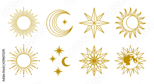 Cuadro en lienzo Celestial gold icons set, mystical sun and moon line art, 8 esoteric astrology s