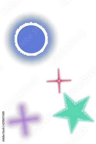 Abstract colorful shapes with halftone dot pattern effect including a blue circle a green star and a red cross