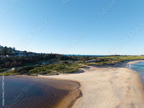 Aerial view of Dee Why Beach and lagoon with coastal vegetation and residential houses on the hillside in Dee Why, New South Wales, Australia.