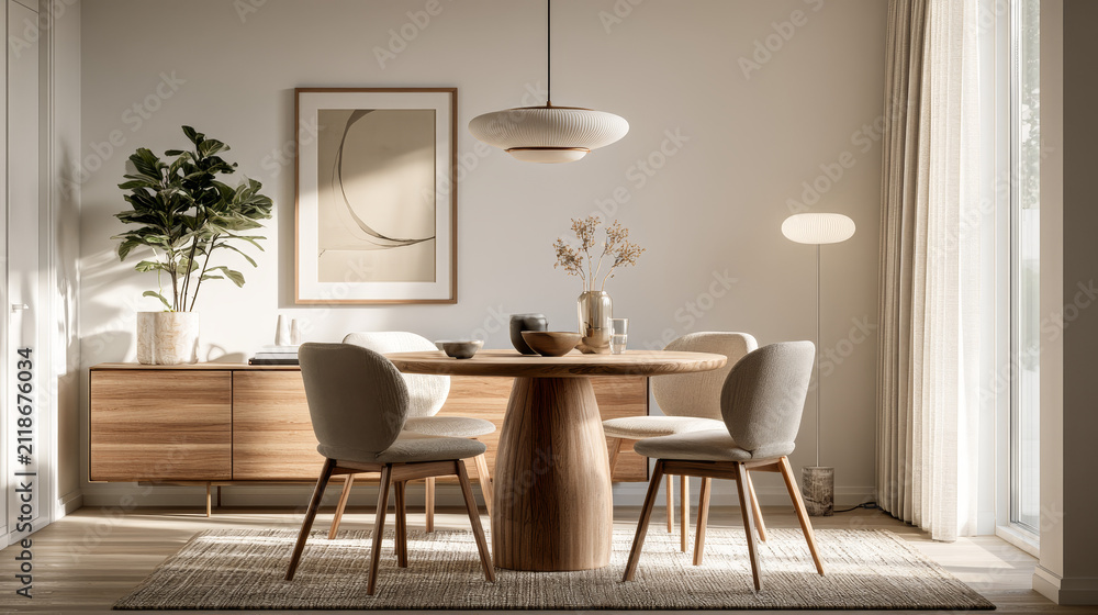 Fototapeta premium Modern Japandi Dining Room with Round Wooden Table in Bright Minimalist Interior