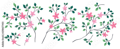 Delicate botanical set of hand drawn blooming branches, thin tree twigs, small pink flowers, tiny leaves. A collection of isolated floral elements, designs, and patterns. Vector illustration.