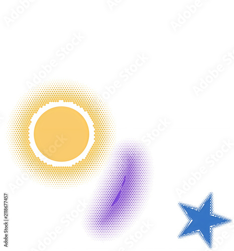 Yellow sun shape with purple pixelated trail and blue star icon design elements for creative graphic art projects