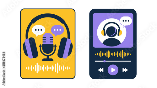 Modern podcast cover cards with microphone headphones and audio player