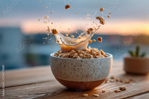 A bowl of cereal with milk splashing out, captured in a dynamic and artistic manner