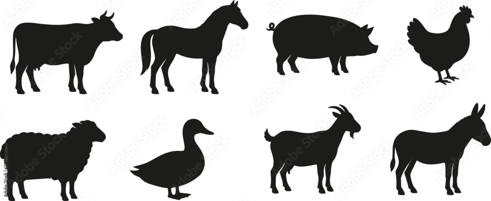 Obraz premium Farm Animal Silhouette Vector Collection Featuring Cow, Horse, Pig, Chicken, Sheep, Duck, Goat, and Donkey