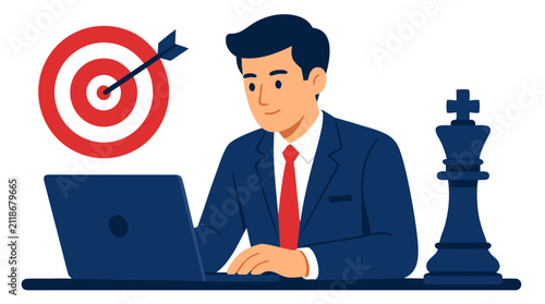 Bold flat illustration of businessman in navy suit working on laptop with red target dartboard and large chess king piece, symbolizing strategic planning, goal achievement, and competitive business