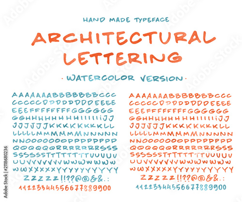 Handwritten watercolor alphabet set. Artistic brush font with letters and numbers.