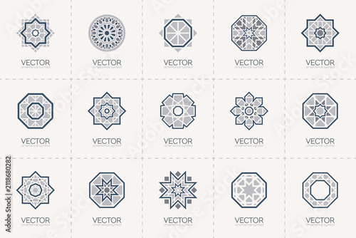 Set of geometric ornamental symbols. Islamic style vector patterns for logo design.