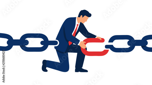 Businessman kneeling to reconnect broken red and blue chain links, symbolizing teamwork, resilience, business recovery, problem solving, unity, partnership, and overcoming adversity in corporate