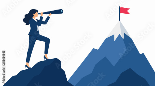 Businesswoman in suit standing on rocky peak looking through telescope toward snowcapped mountain summit with red flag, bold flat vector concept for vision and future goals