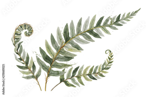 Hand-drawn watercolor of green fern leaves with curled fronds, isolated on a white background, for botanical