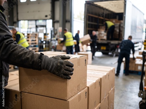 Distribution center staff lifting commercial cargo in a busy distribution warehouse.