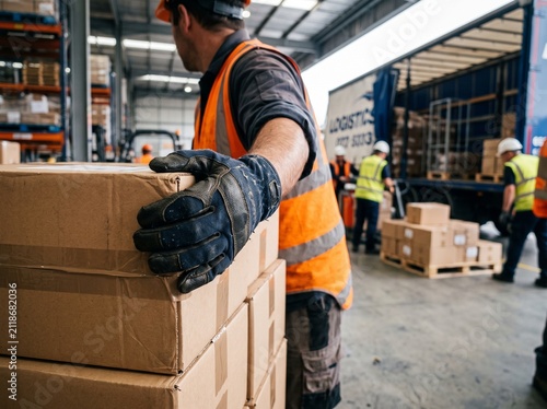Close up of a worker's gloved hand carrying a large package during the packing and dispatch process.