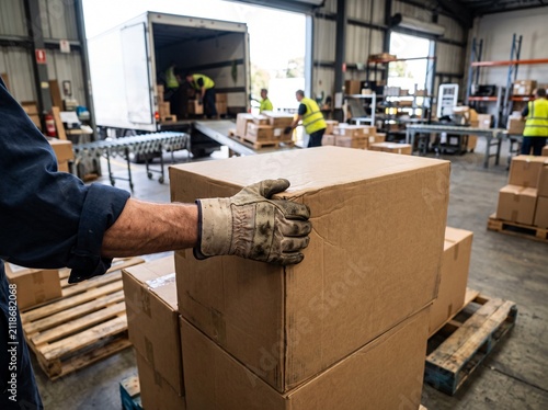 Warehouse worker carrying a large package during the packing and dispatch process.