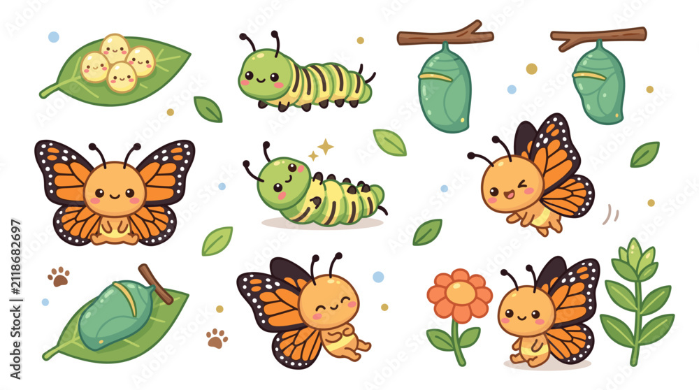 Fototapeta premium Set of butterfly metamorphosis stages with eggs, caterpillar, chrysalis, and monarch butterfly, nature transformation lifecycle illustration